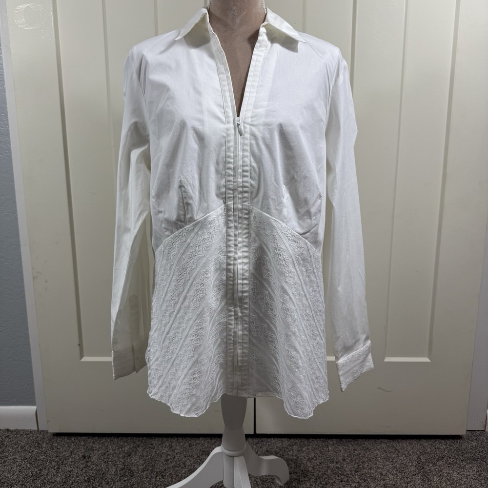 Coldwater Creek Woman's‎ 1X White Long Sleeve Zippered Blouse Lace Overlay